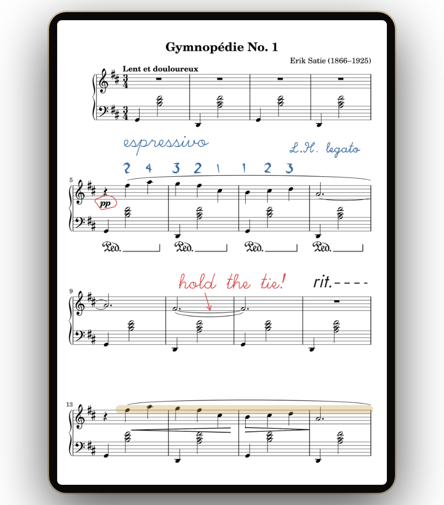 書き込みを入れた楽譜をタブレットで表示している Scorevell の画面